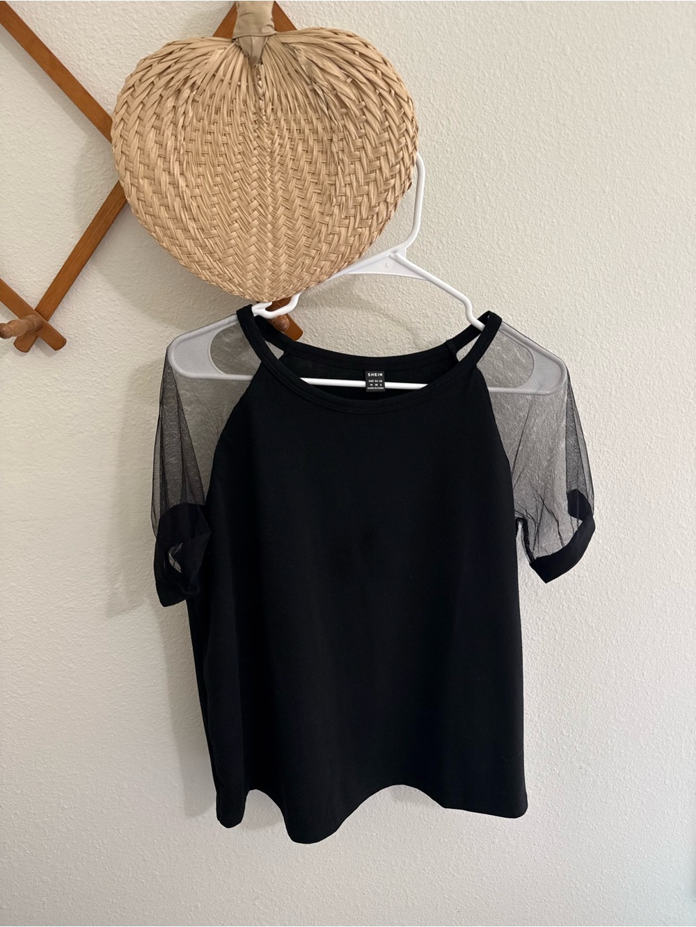 SHEIN Black Short Sleeve Top with Sheer Mesh Sleeves